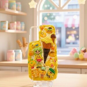 Yellow Peach Anime Girl Ice Cream Themed Decoden Phone Case
